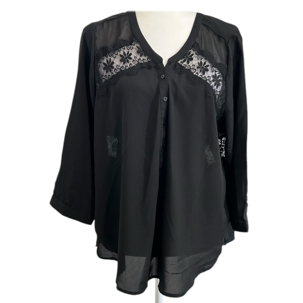 American Eagle Outfitters Blouse Lace Pleated Boho V Neck 3/4 Sleeve Black XL/TG